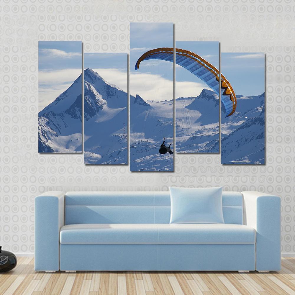 Paragliding Over Mountain In Winter Canvas Wall Art-5 Pop-Gallery Wrap-47" x 32"-Tiaracle