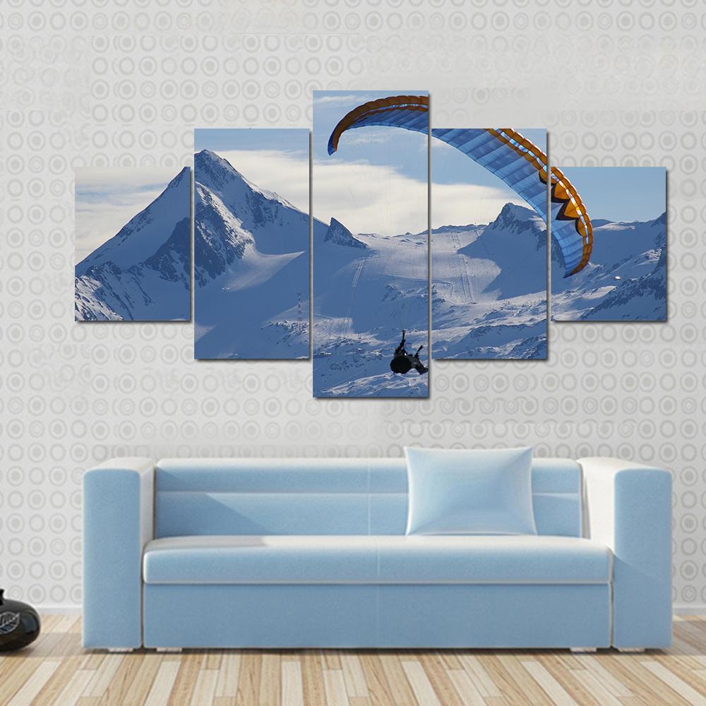 Paragliding Over Mountain In Winter Canvas Wall Art-5 Star-Gallery Wrap-62" x 32"-Tiaracle