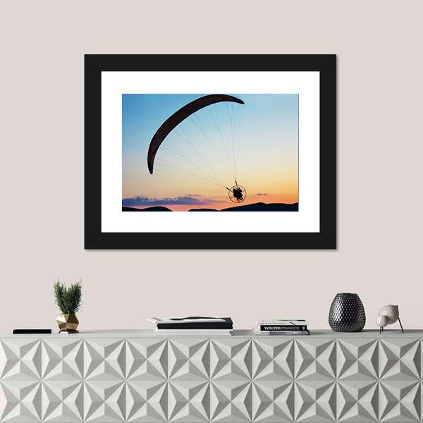 Paragliding Over The Hills At Sunset Canvas Wall Art-1 Piece-Framed Print-20" x 16"-Tiaracle