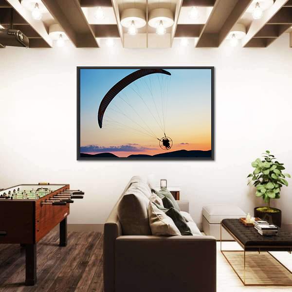 Paragliding Over The Hills At Sunset Canvas Wall Art-3 Horizontal-Gallery Wrap-25" x 16"-Tiaracle