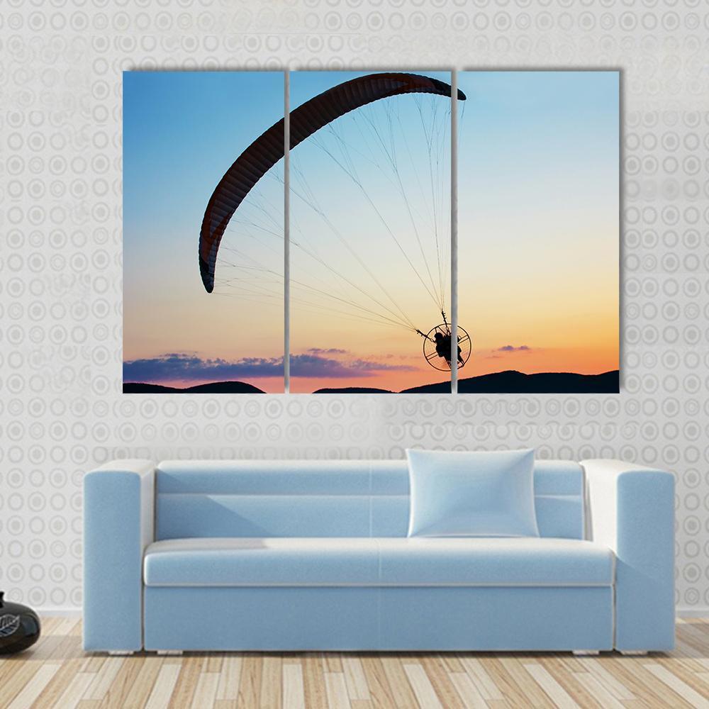 Paragliding Over The Hills At Sunset Canvas Wall Art-3 Horizontal-Gallery Wrap-37" x 24"-Tiaracle