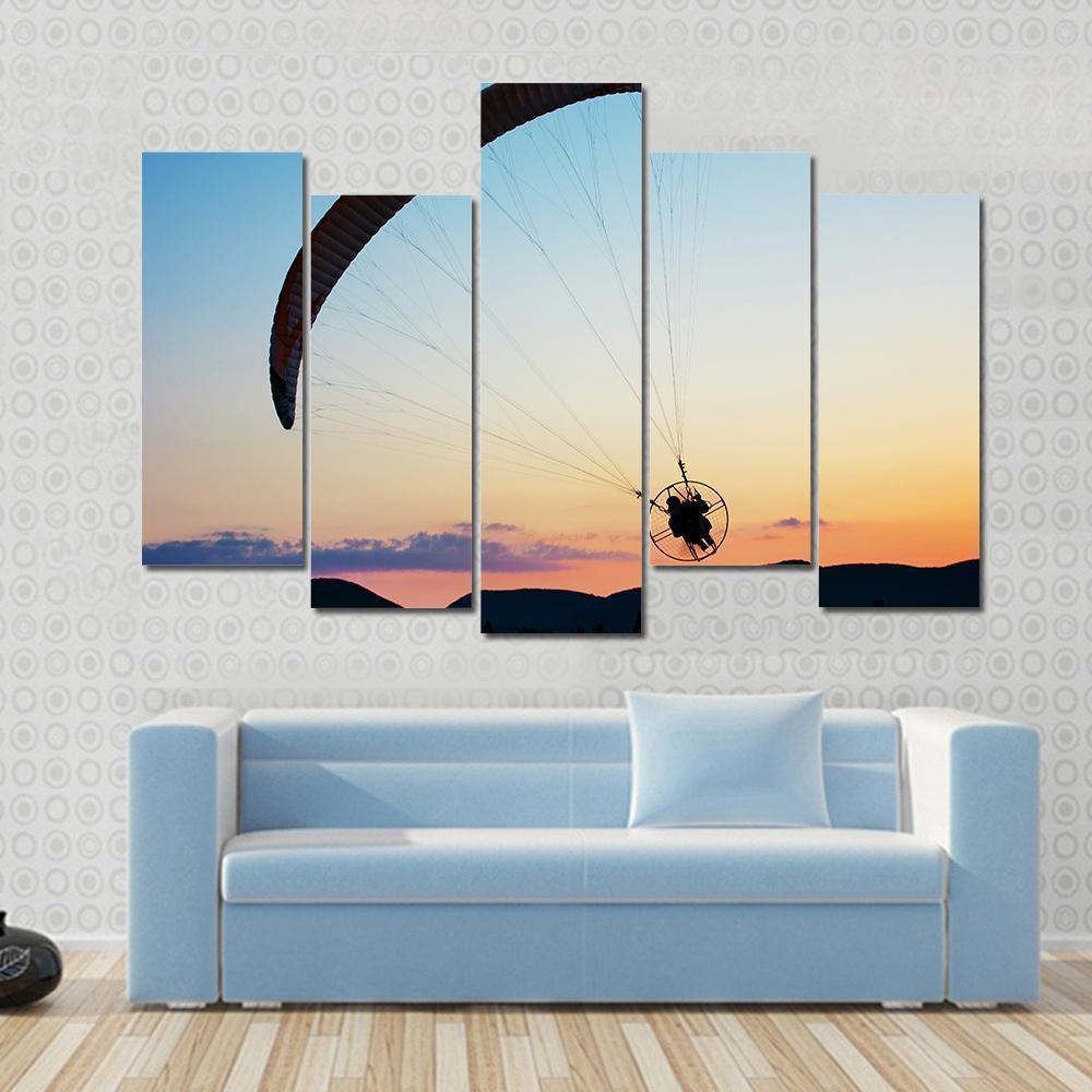 Paragliding Over The Hills At Sunset Canvas Wall Art-5 Pop-Gallery Wrap-47" x 32"-Tiaracle