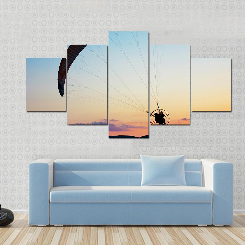 Paragliding Over The Hills At Sunset Canvas Wall Art-5 Star-Gallery Wrap-62" x 32"-Tiaracle