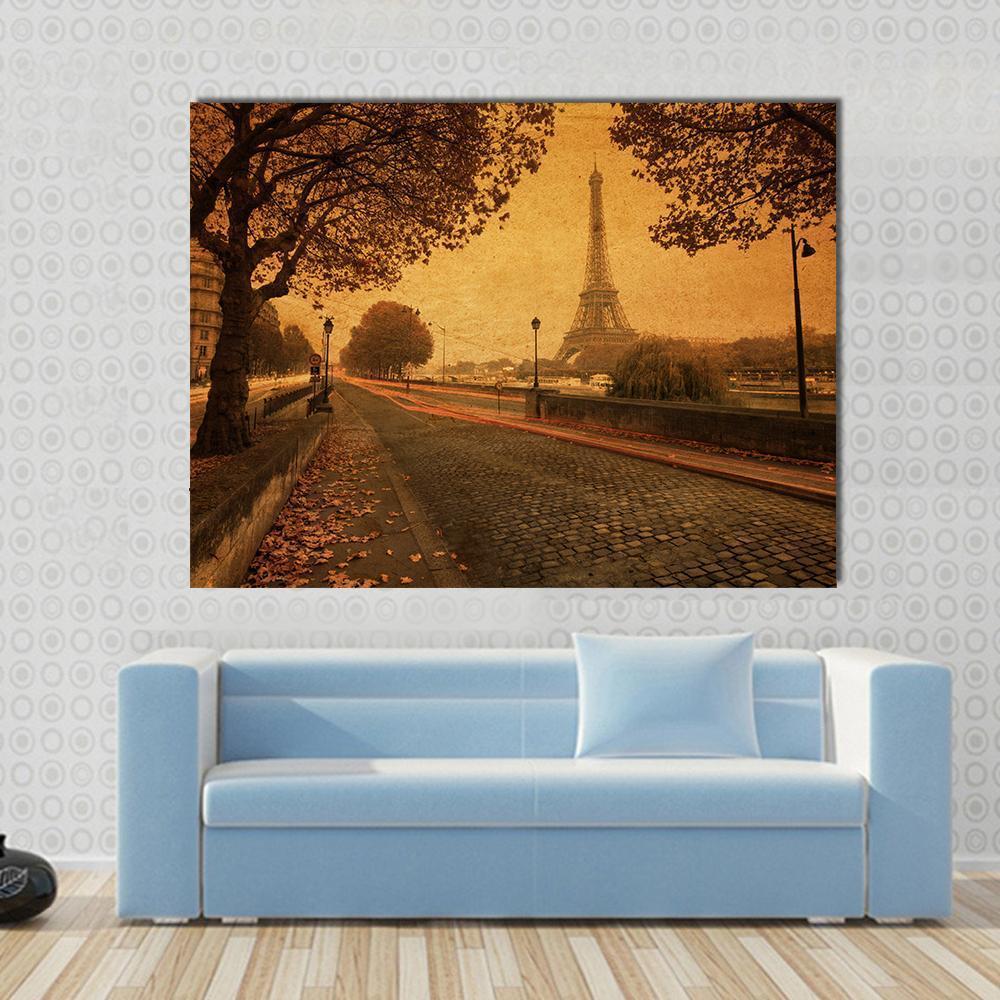 Paris At Dusk With Street And Eiffel Tower Paris France Canvas Wall Art-1 Piece-Gallery Wrap-48" x 32"-Tiaracle