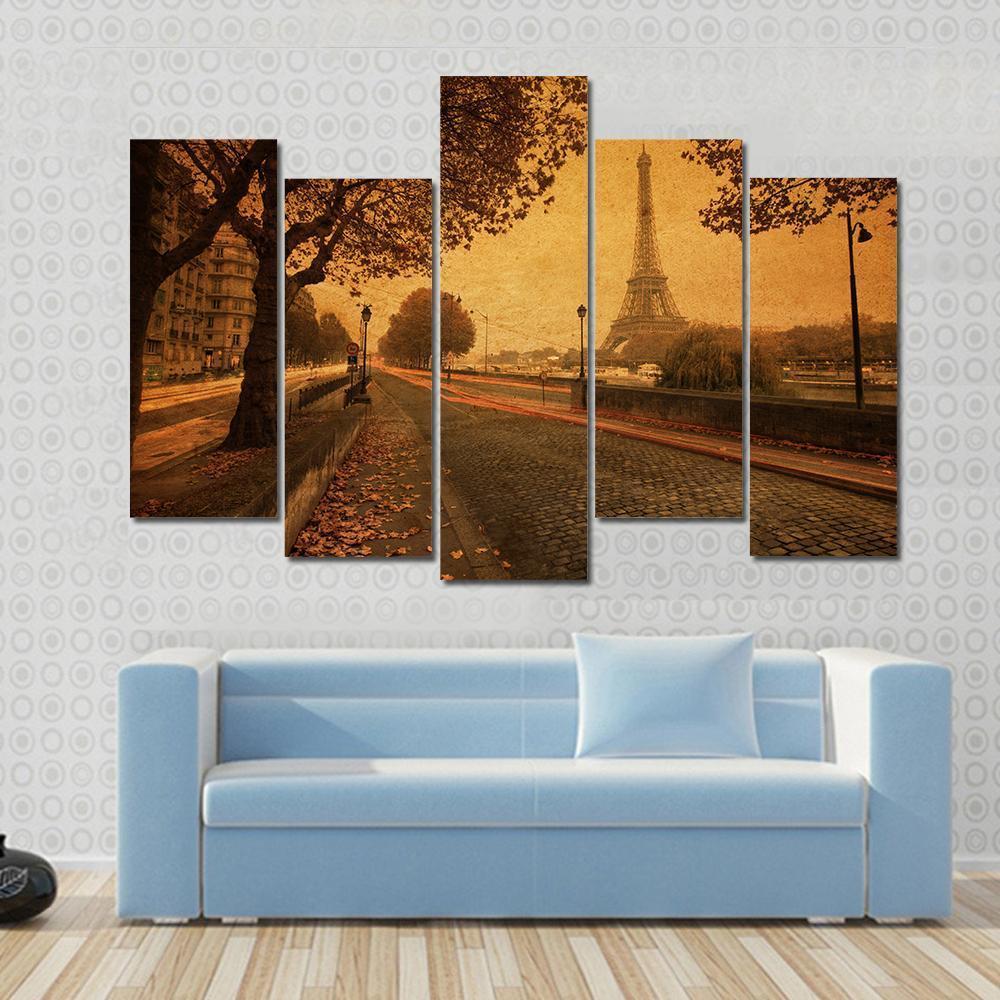 Paris At Dusk With Street And Eiffel Tower Paris France Canvas Wall Art-5 Pop-Gallery Wrap-47" x 32"-Tiaracle