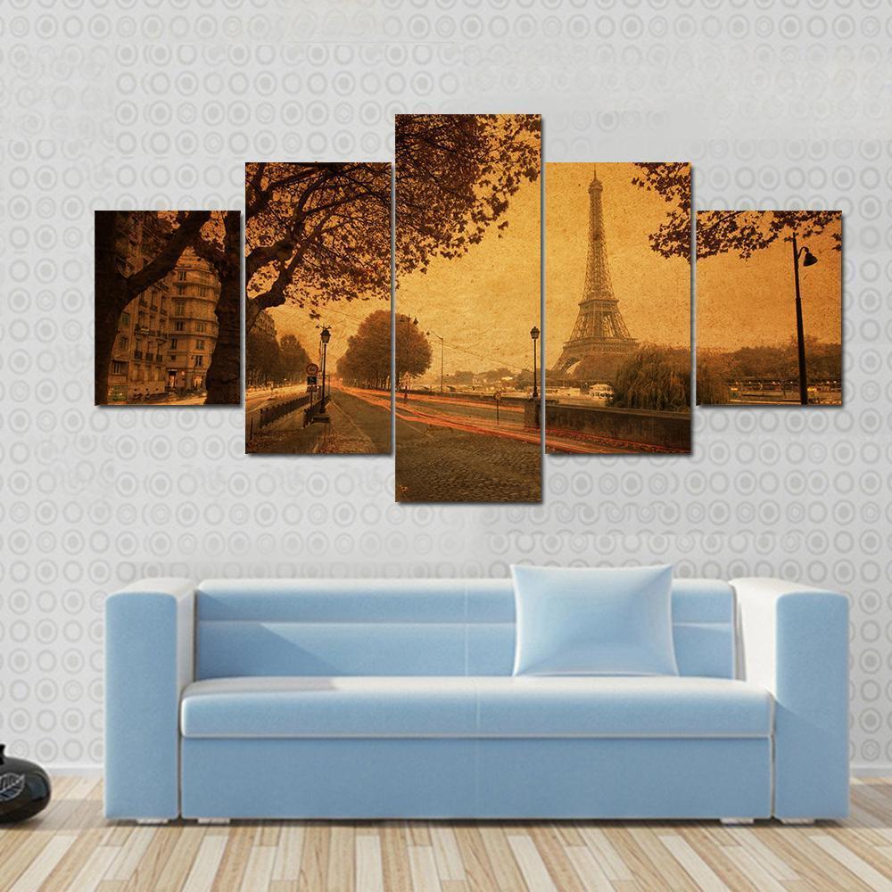 Paris At Dusk With Street And Eiffel Tower Paris France Canvas Wall Art-5 Star-Gallery Wrap-62" x 32"-Tiaracle