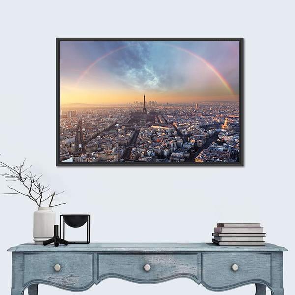 Paris With Rainbow - Skyline Canvas Wall Art-1 Piece-Floating Frame-24" x 16"-Tiaracle