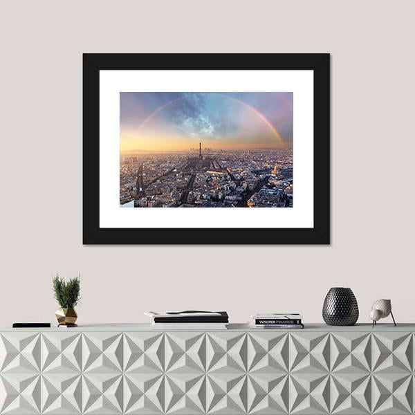 Paris With Rainbow - Skyline Canvas Wall Art-1 Piece-Framed Print-20" x 16"-Tiaracle