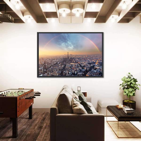 Paris With Rainbow - Skyline Canvas Wall Art-3 Horizontal-Gallery Wrap-25" x 16"-Tiaracle