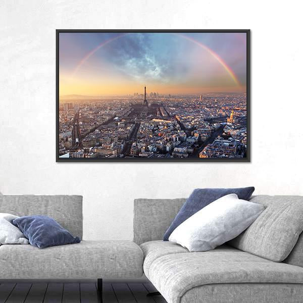 Paris With Rainbow - Skyline Canvas Wall Art-3 Horizontal-Gallery Wrap-25" x 16"-Tiaracle