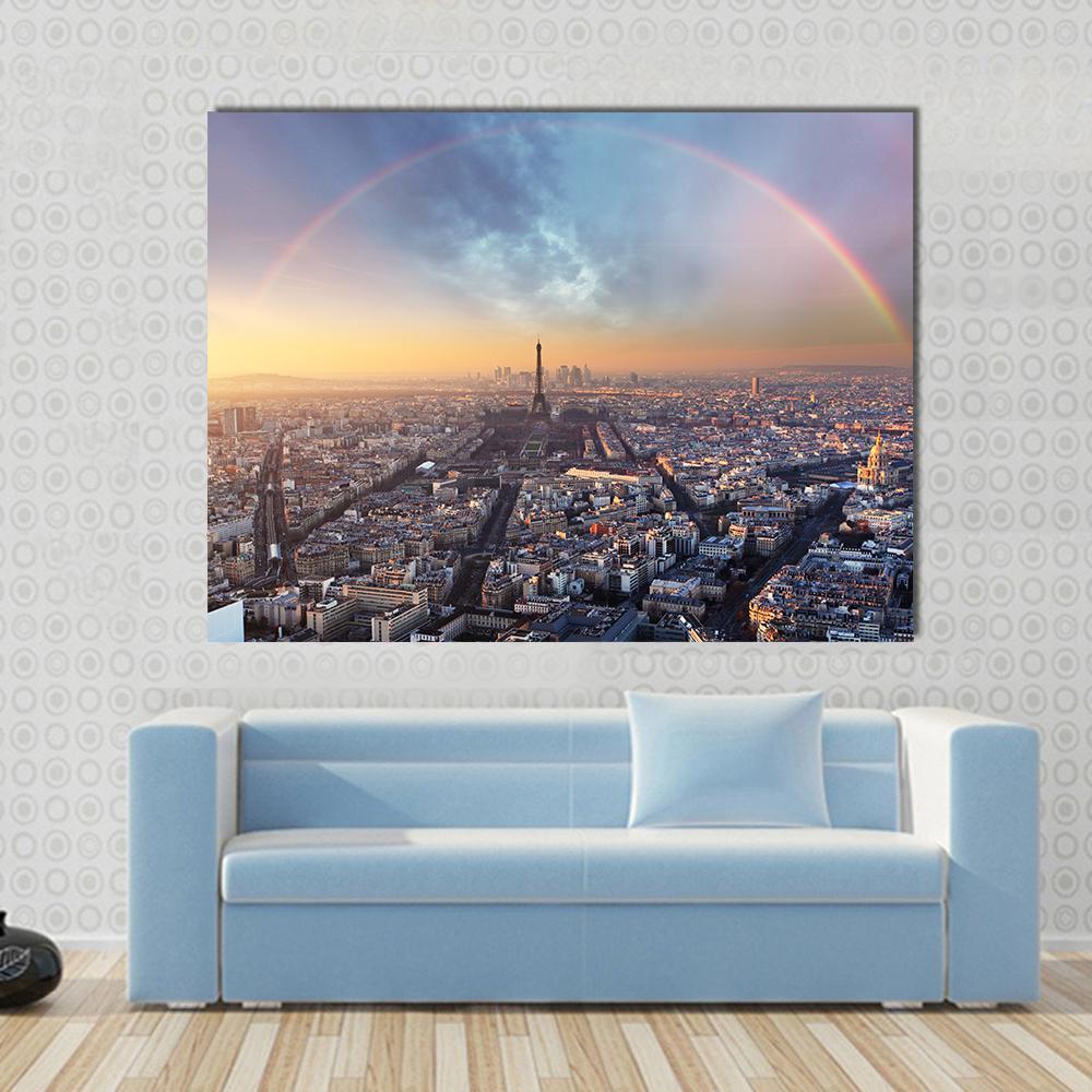 Paris With Rainbow - Skyline Canvas Wall Art-1 Piece-Gallery Wrap-48" x 32"-Tiaracle