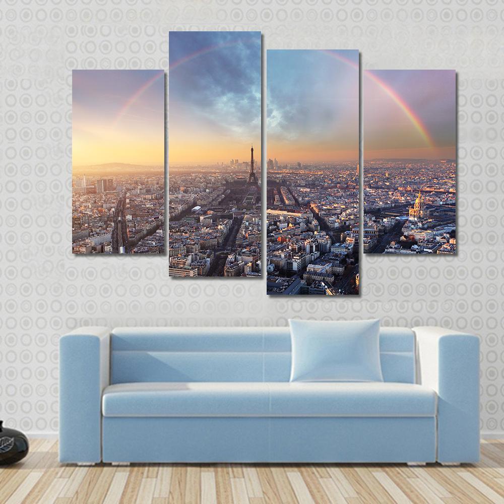 Paris With Rainbow - Skyline Canvas Wall Art-4 Pop-Gallery Wrap-50" x 32"-Tiaracle