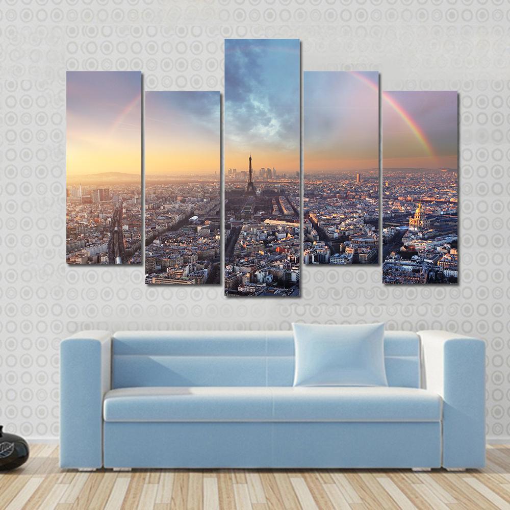 Paris With Rainbow - Skyline Canvas Wall Art-5 Pop-Gallery Wrap-47" x 32"-Tiaracle