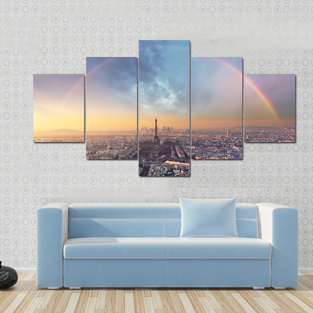 Paris With Rainbow - Skyline Canvas Wall Art-5 Star-Gallery Wrap-62" x 32"-Tiaracle