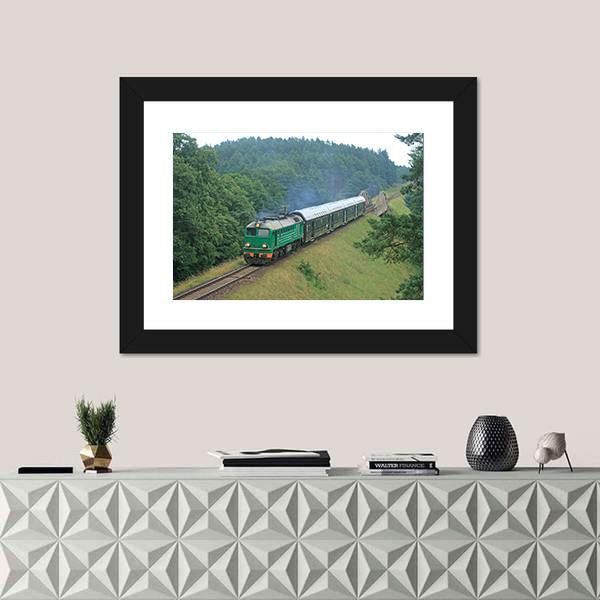 Passenger Train Passing Through Polish Countryside Canvas Wall Art-1 Piece-Framed Print-20" x 16"-Tiaracle