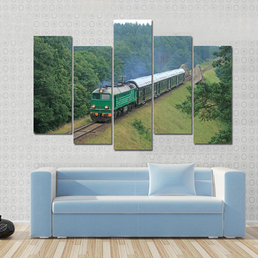 Passenger Train Passing Through Polish Countryside Canvas Wall Art-5 Pop-Gallery Wrap-47" x 32"-Tiaracle