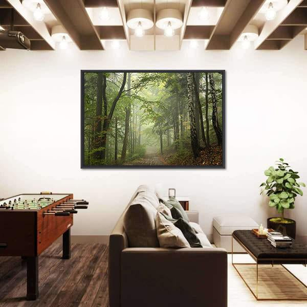 Path Through The Beech Forest In Foggy Weather Canvas Wall Art-3 Horizontal-Gallery Wrap-25" x 16"-Tiaracle