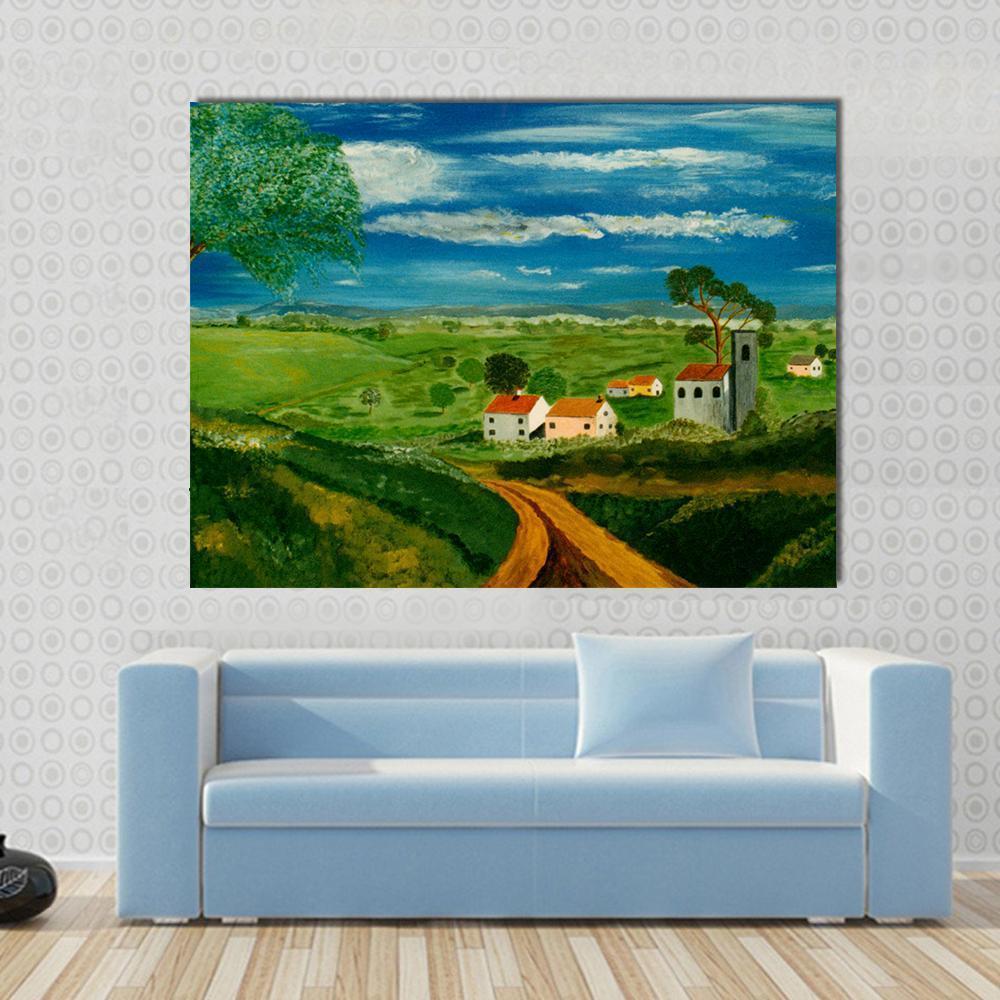 Oil Painting Of Village Canvas Wall Art-1 Piece-Gallery Wrap-48" x 32"-Tiaracle