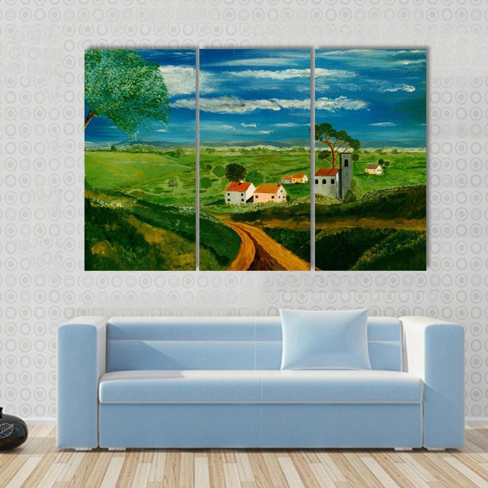 Oil Painting Of Village Canvas Wall Art-3 Horizontal-Gallery Wrap-37" x 24"-Tiaracle