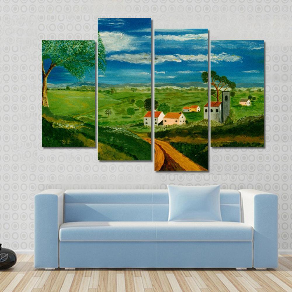 Oil Painting Of Village Canvas Wall Art-4 Pop-Gallery Wrap-50" x 32"-Tiaracle