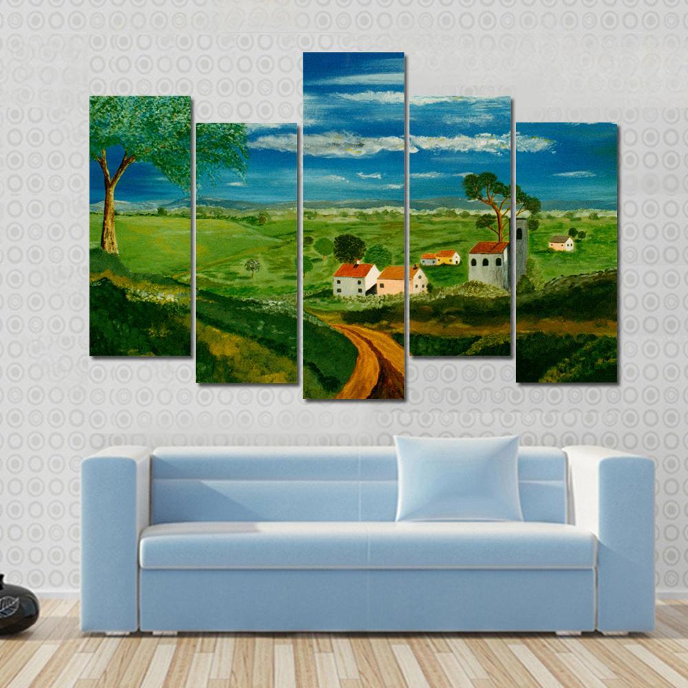 Oil Painting Of Village Canvas Wall Art-5 Pop-Gallery Wrap-47" x 32"-Tiaracle