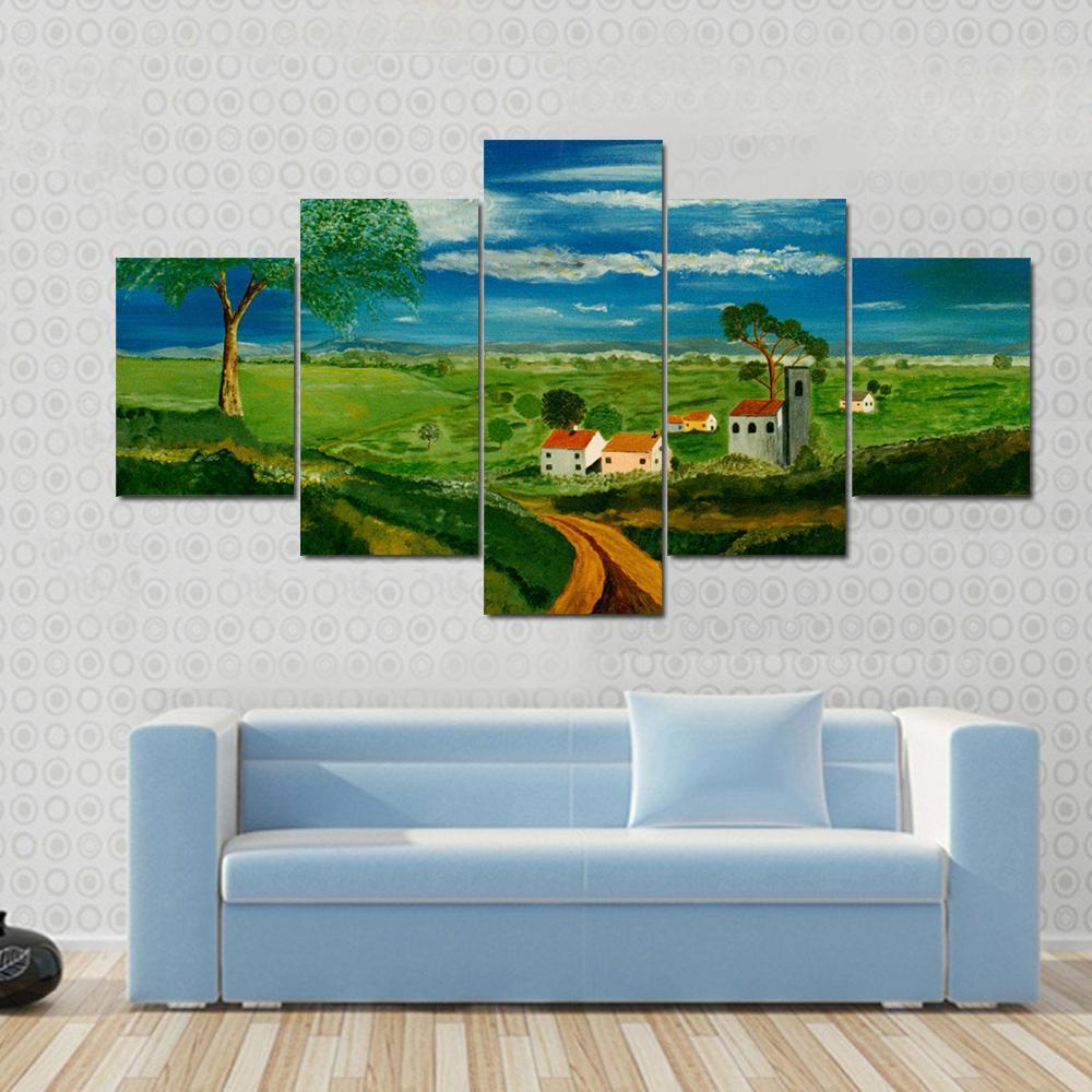 Oil Painting Of Village Canvas Wall Art-5 Star-Gallery Wrap-62" x 32"-Tiaracle