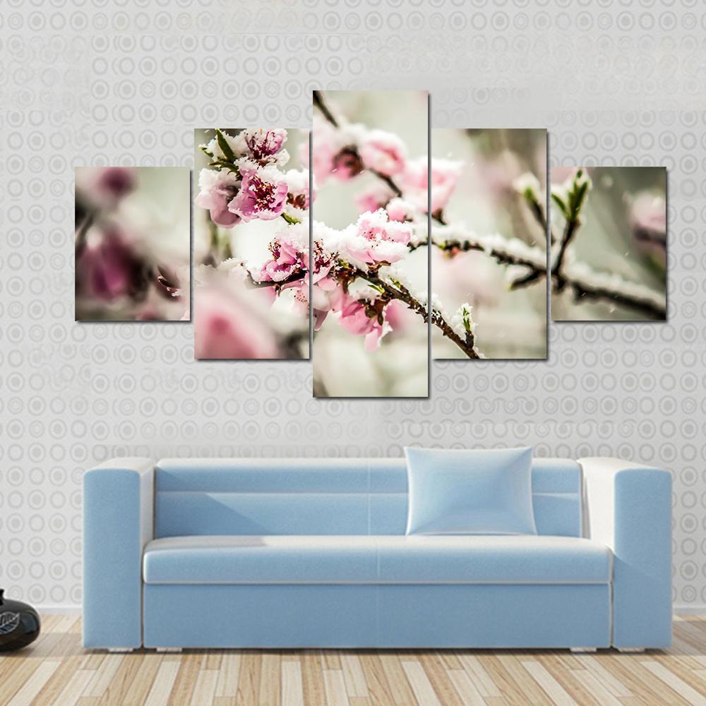 Peach Blossom Covered In Snow Canvas Wall Art-5 Star-Gallery Wrap-62" x 32"-Tiaracle