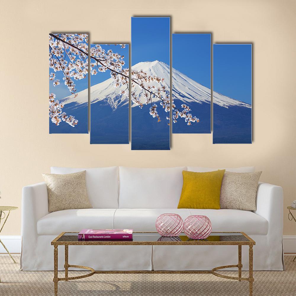 Peak Of Mount Fuji With Cherry Blossom Canvas Wall Art-5 Pop-Gallery Wrap-47" x 32"-Tiaracle