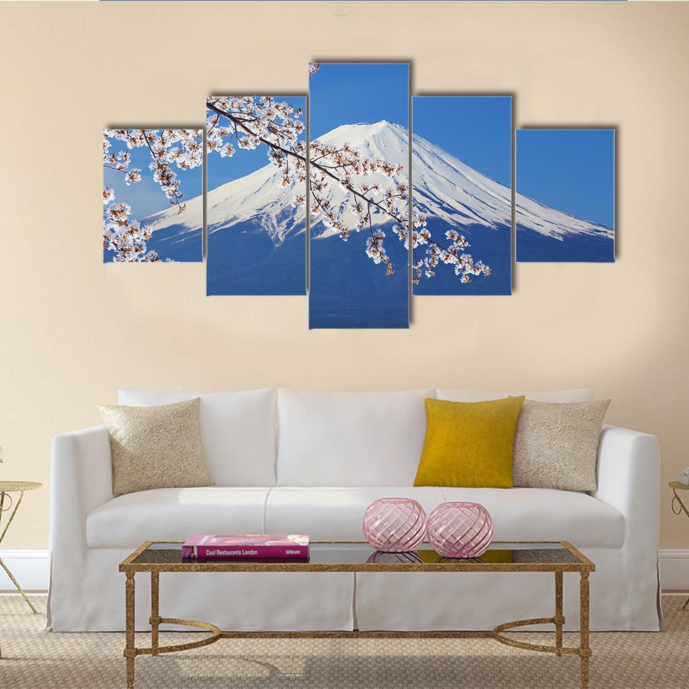 Peak Of Mount Fuji With Cherry Blossom Canvas Wall Art-5 Star-Gallery Wrap-62" x 32"-Tiaracle