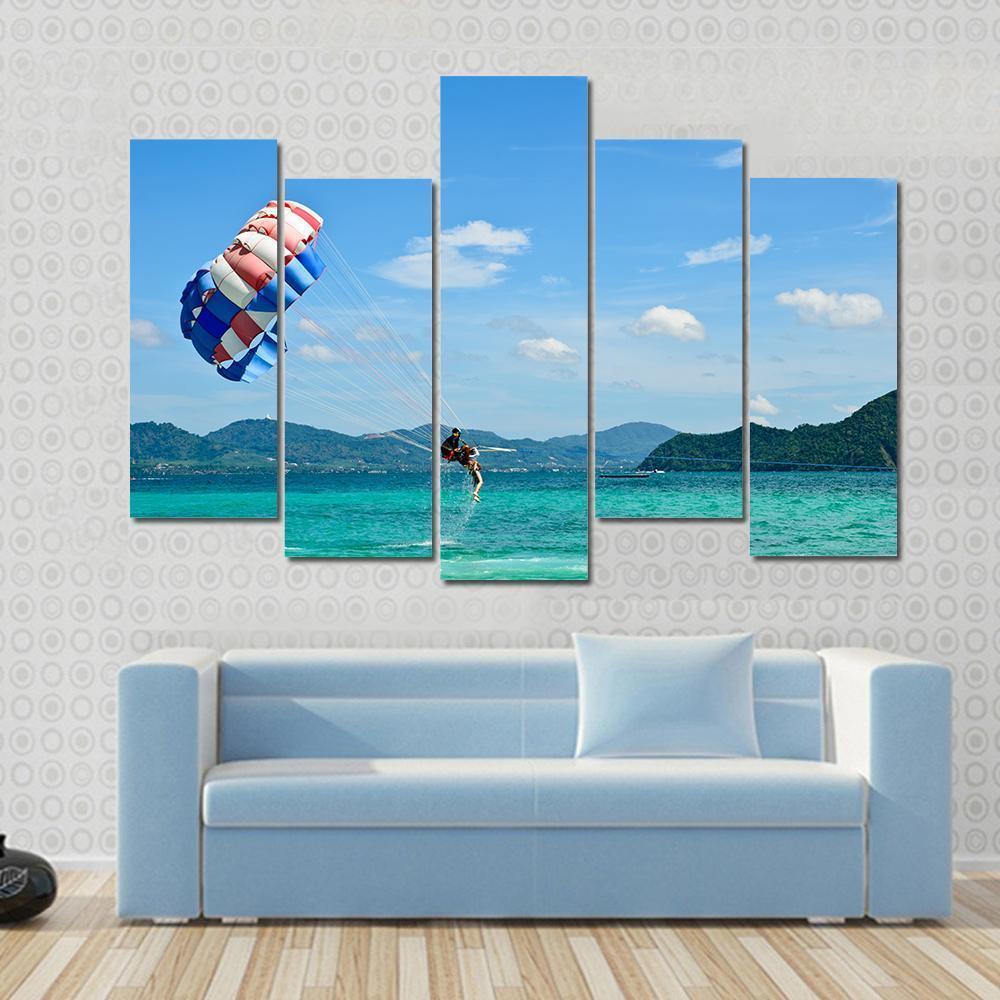 People Are Para Sailing In Phuket Canvas Wall Art-5 Pop-Gallery Wrap-47" x 32"-Tiaracle