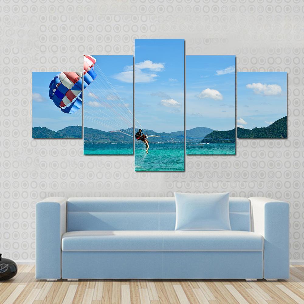 People Are Para Sailing In Phuket Canvas Wall Art-5 Star-Gallery Wrap-62" x 32"-Tiaracle