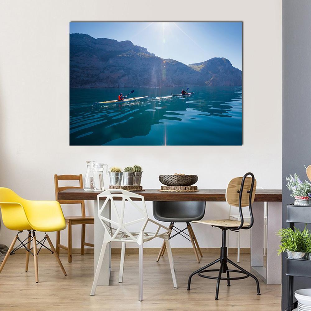 People Kayaking In The Sea Near The Mountains Canvas Wall Art-1 Piece-Gallery Wrap-48" x 32"-Tiaracle