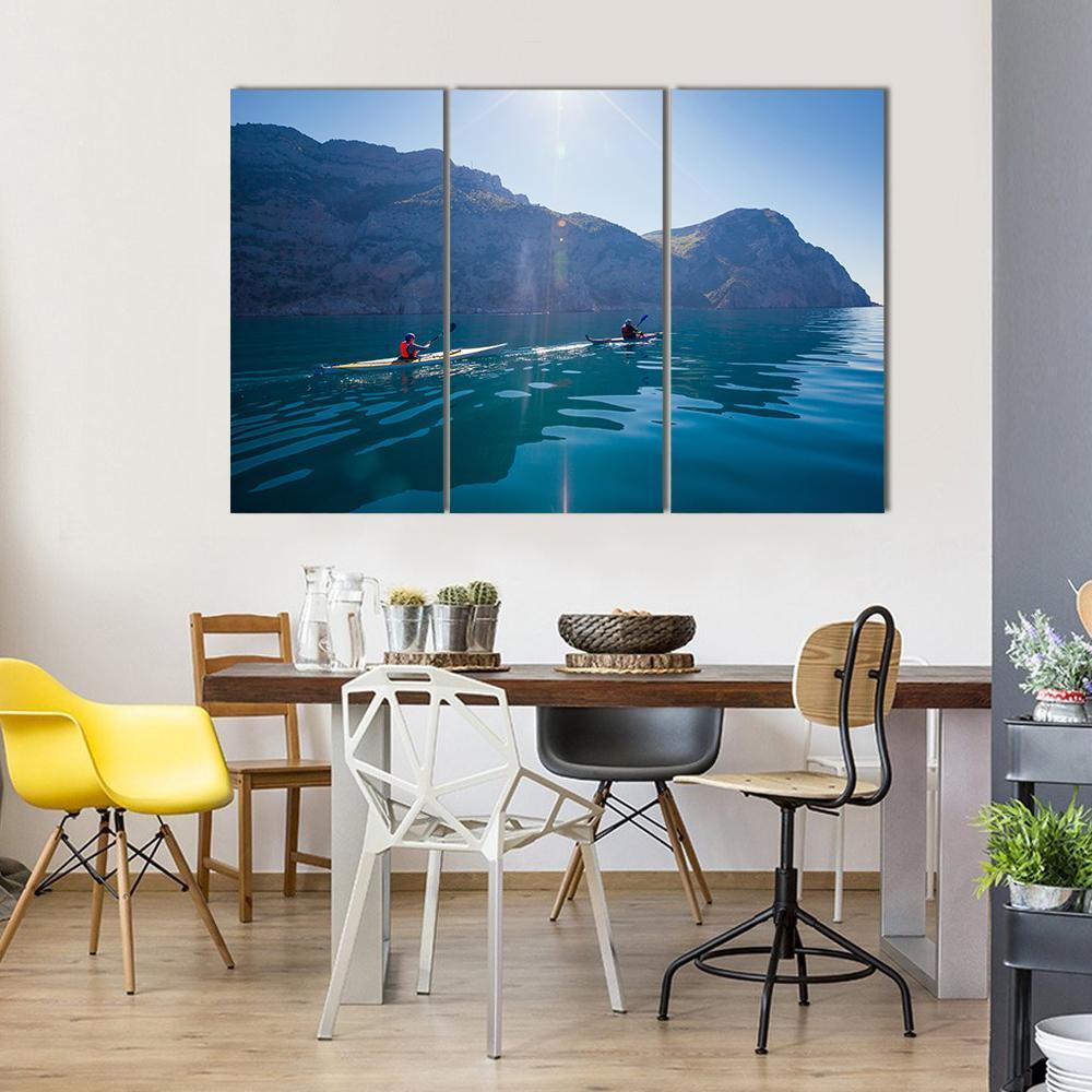 People Kayaking In The Sea Near The Mountains Canvas Wall Art-3 Horizontal-Gallery Wrap-37" x 24"-Tiaracle