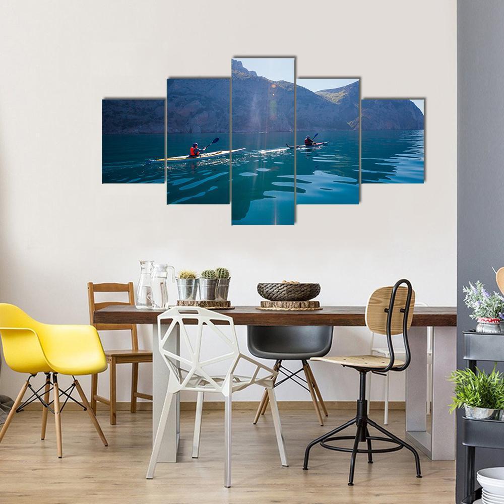 People Kayaking In The Sea Near The Mountains Canvas Wall Art-5 Star-Gallery Wrap-62" x 32"-Tiaracle