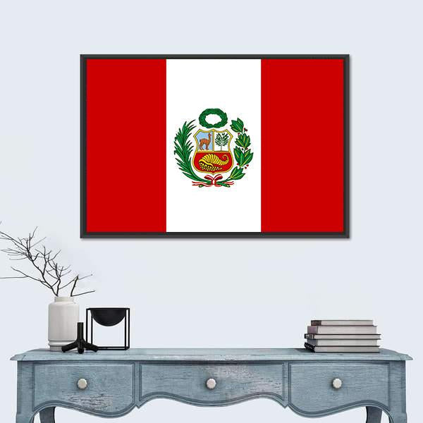 Peruvian Flag With National Emblem Canvas Wall Art-1 Piece-Floating Frame-24" x 16"-Tiaracle