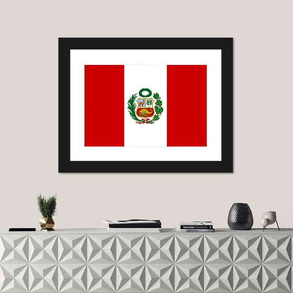Peruvian Flag With National Emblem Canvas Wall Art-1 Piece-Framed Print-20" x 16"-Tiaracle