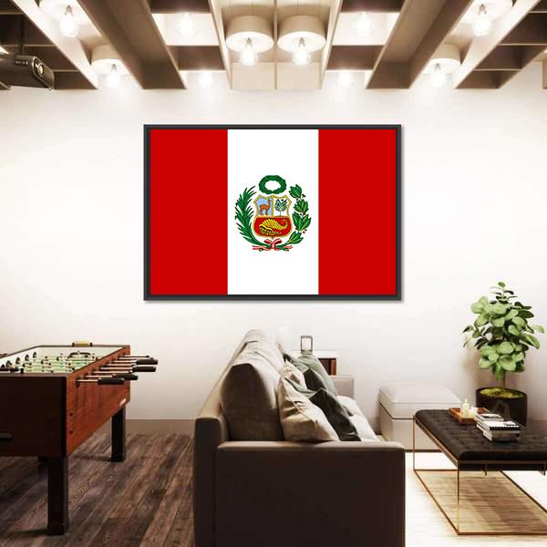 Peruvian Flag With National Emblem Canvas Wall Art-3 Horizontal-Gallery Wrap-25" x 16"-Tiaracle