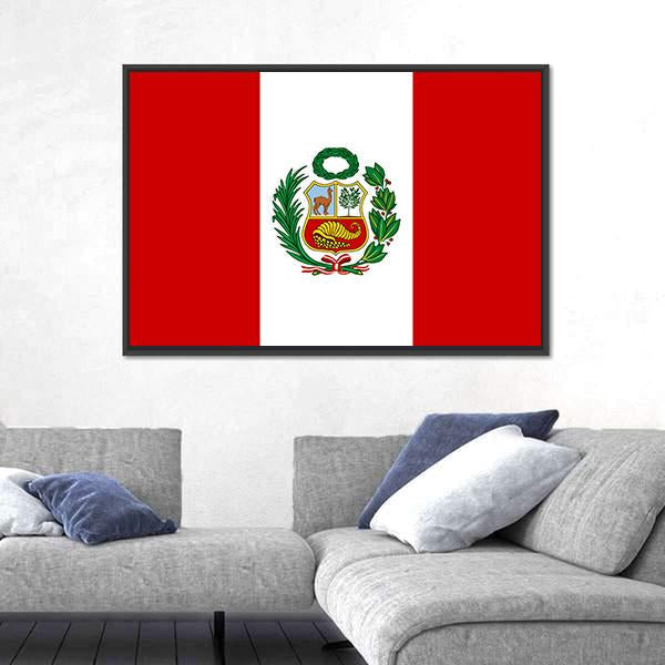 Peruvian Flag With National Emblem Canvas Wall Art-3 Horizontal-Gallery Wrap-25" x 16"-Tiaracle