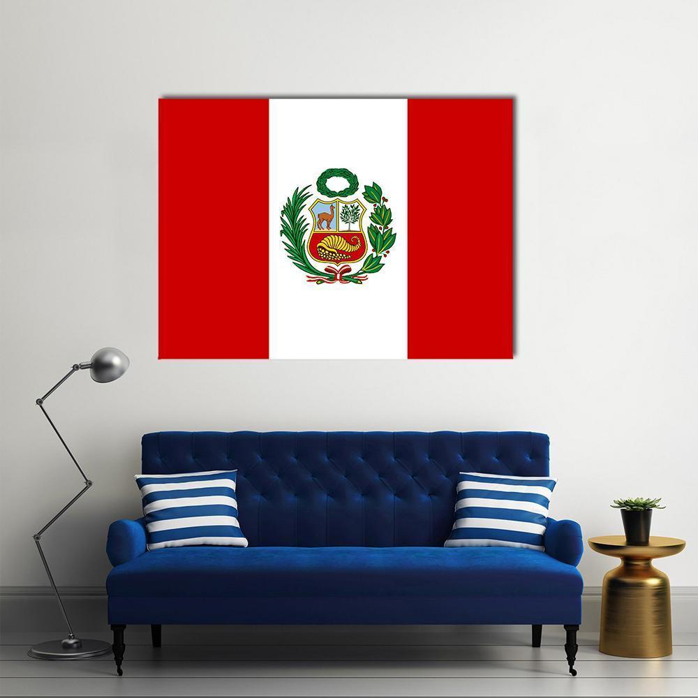 Peruvian Flag With National Emblem Canvas Wall Art-1 Piece-Gallery Wrap-48" x 32"-Tiaracle
