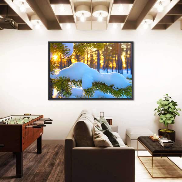 Pine Branch In Snow Winter Sunset In The Forest Canvas Wall Art-3 Horizontal-Gallery Wrap-25" x 16"-Tiaracle