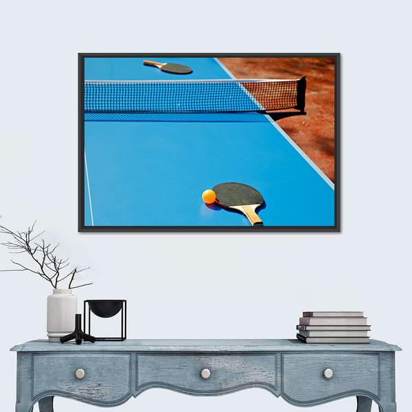 Ping Pong Ball With Paddle On Tennis Table Canvas Wall Art-1 Piece-Floating Frame-24" x 16"-Tiaracle