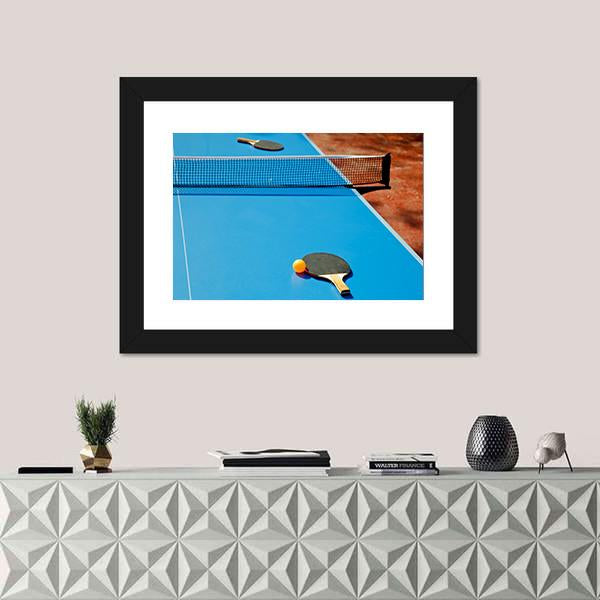 Ping Pong Ball With Paddle On Tennis Table Canvas Wall Art-1 Piece-Framed Print-20" x 16"-Tiaracle