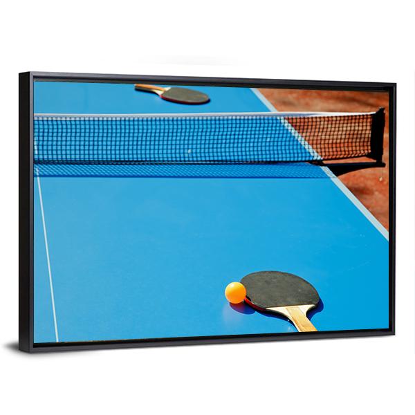 Ping Pong Ball With Paddle On Tennis Table Canvas Wall Art-3 Horizontal-Gallery Wrap-25" x 16"-Tiaracle