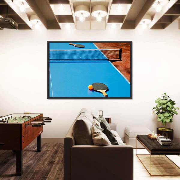 Ping Pong Ball With Paddle On Tennis Table Canvas Wall Art-3 Horizontal-Gallery Wrap-25" x 16"-Tiaracle