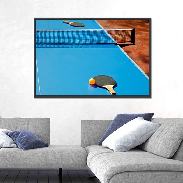 Ping Pong Ball With Paddle On Tennis Table Canvas Wall Art-3 Horizontal-Gallery Wrap-25" x 16"-Tiaracle