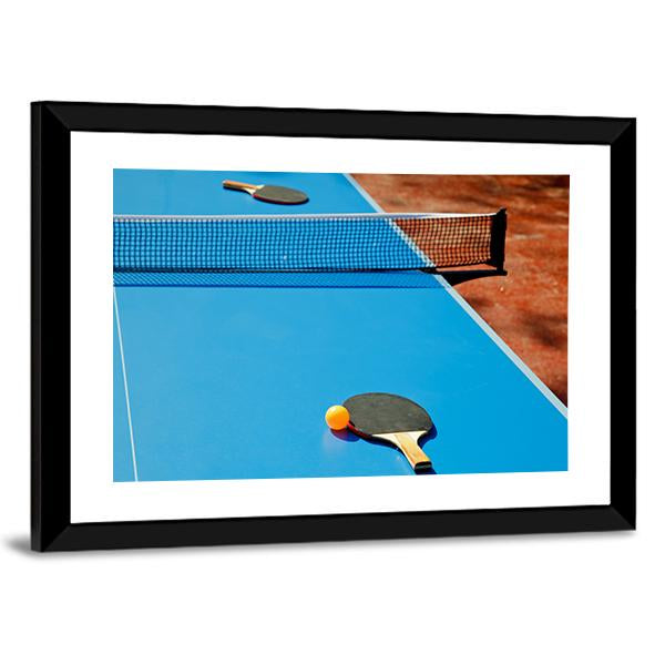 Ping Pong Ball With Paddle On Tennis Table Canvas Wall Art-3 Horizontal-Gallery Wrap-25" x 16"-Tiaracle