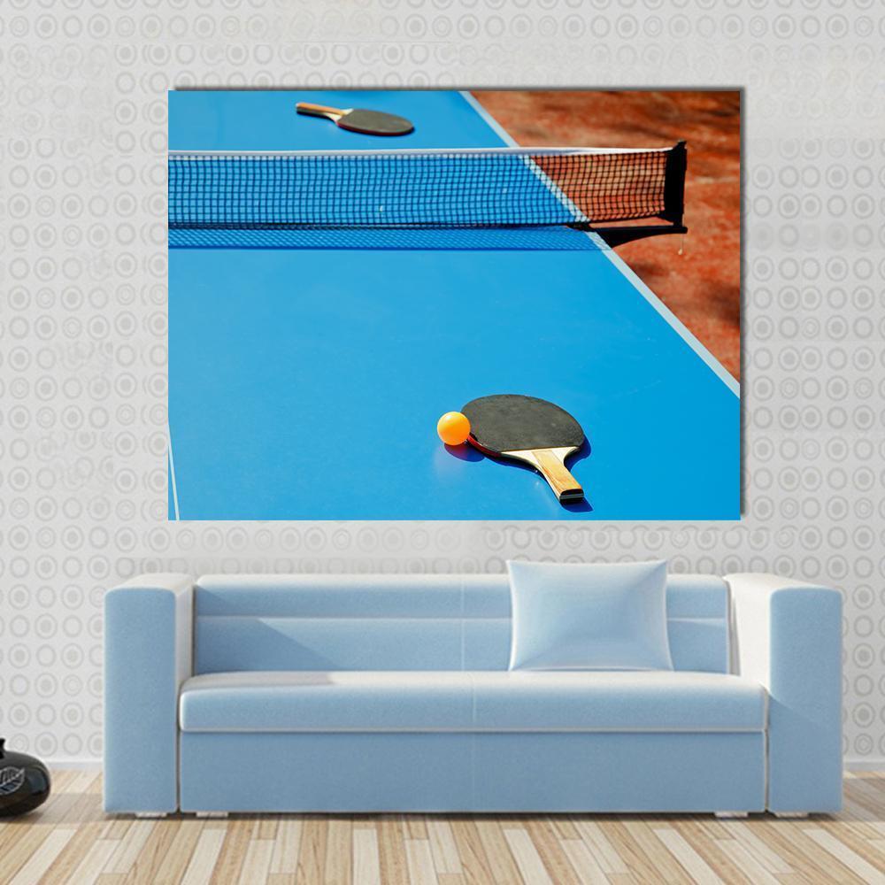 Ping Pong Ball With Paddle On Tennis Table Canvas Wall Art-1 Piece-Gallery Wrap-48" x 32"-Tiaracle