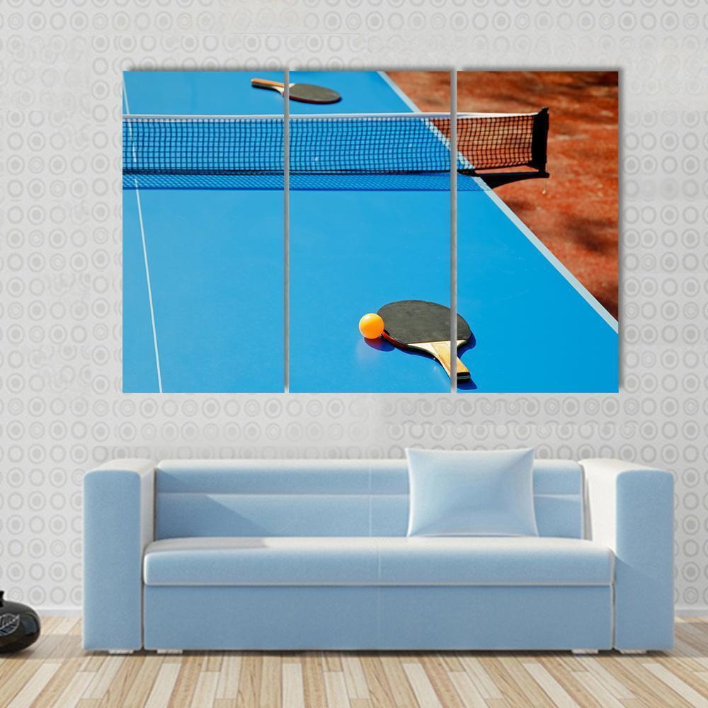 Ping Pong Ball With Paddle On Tennis Table Canvas Wall Art-3 Horizontal-Gallery Wrap-37" x 24"-Tiaracle