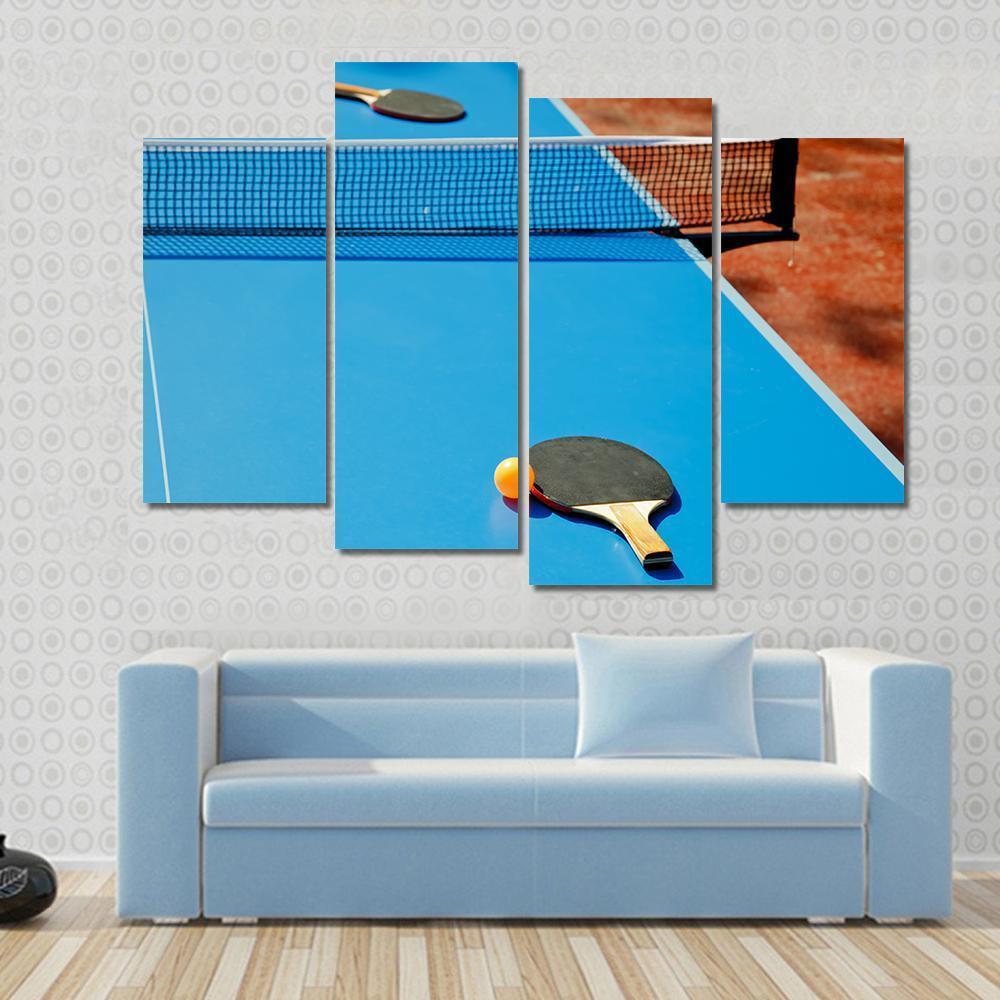 Ping Pong Ball With Paddle On Tennis Table Canvas Wall Art-4 Pop-Gallery Wrap-50" x 32"-Tiaracle