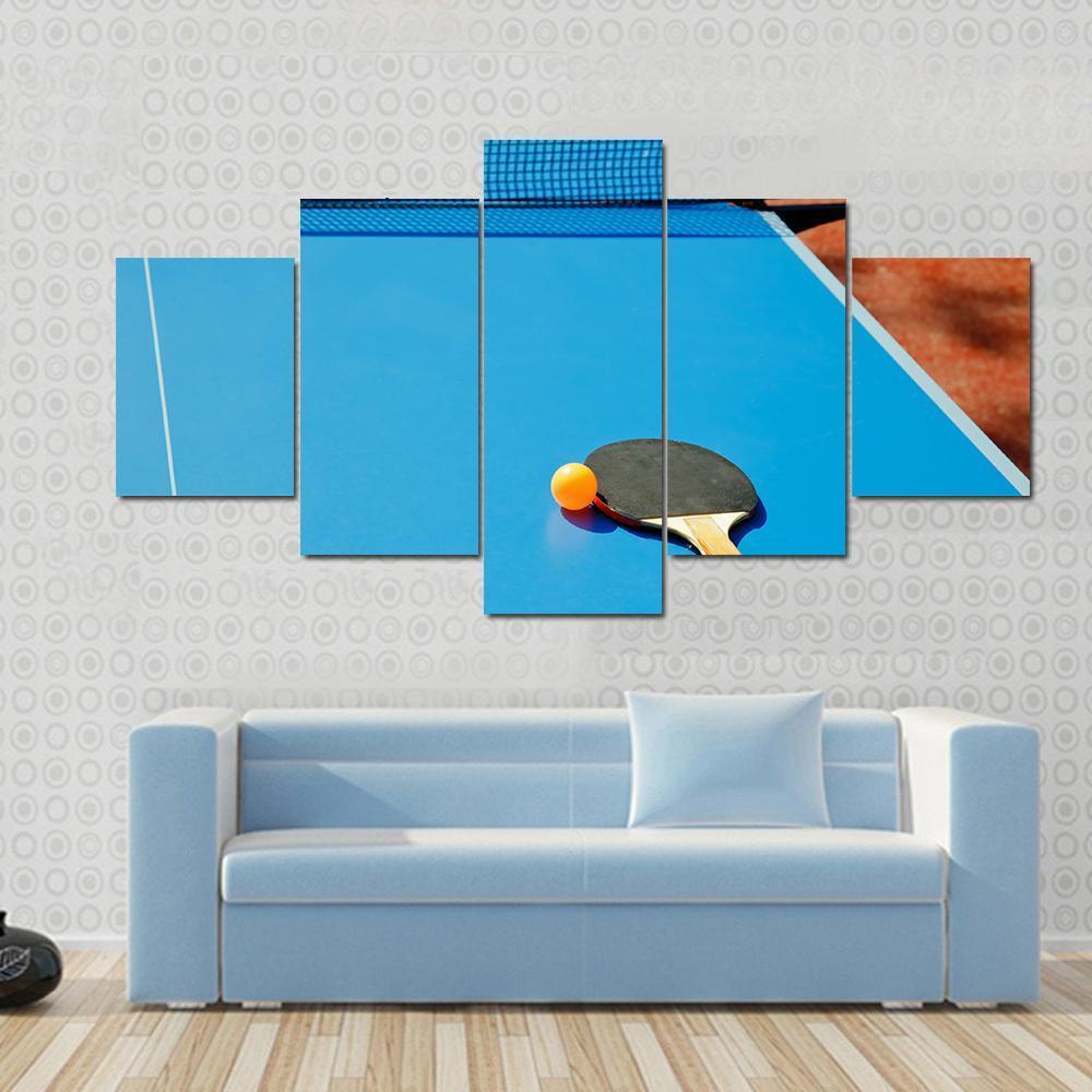 Ping Pong Ball With Paddle On Tennis Table Canvas Wall Art-5 Star-Gallery Wrap-62" x 32"-Tiaracle